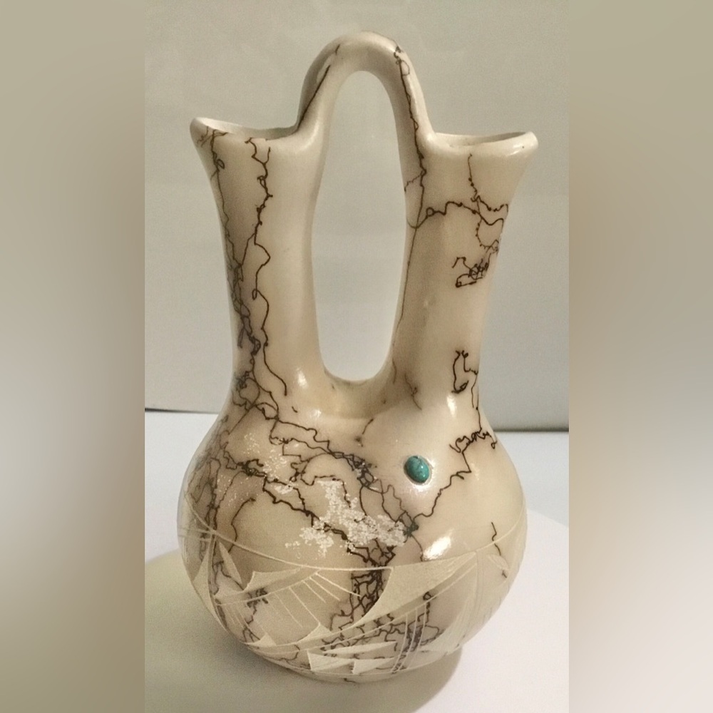Native American Navajo Horsehair Pottery with Turquoise